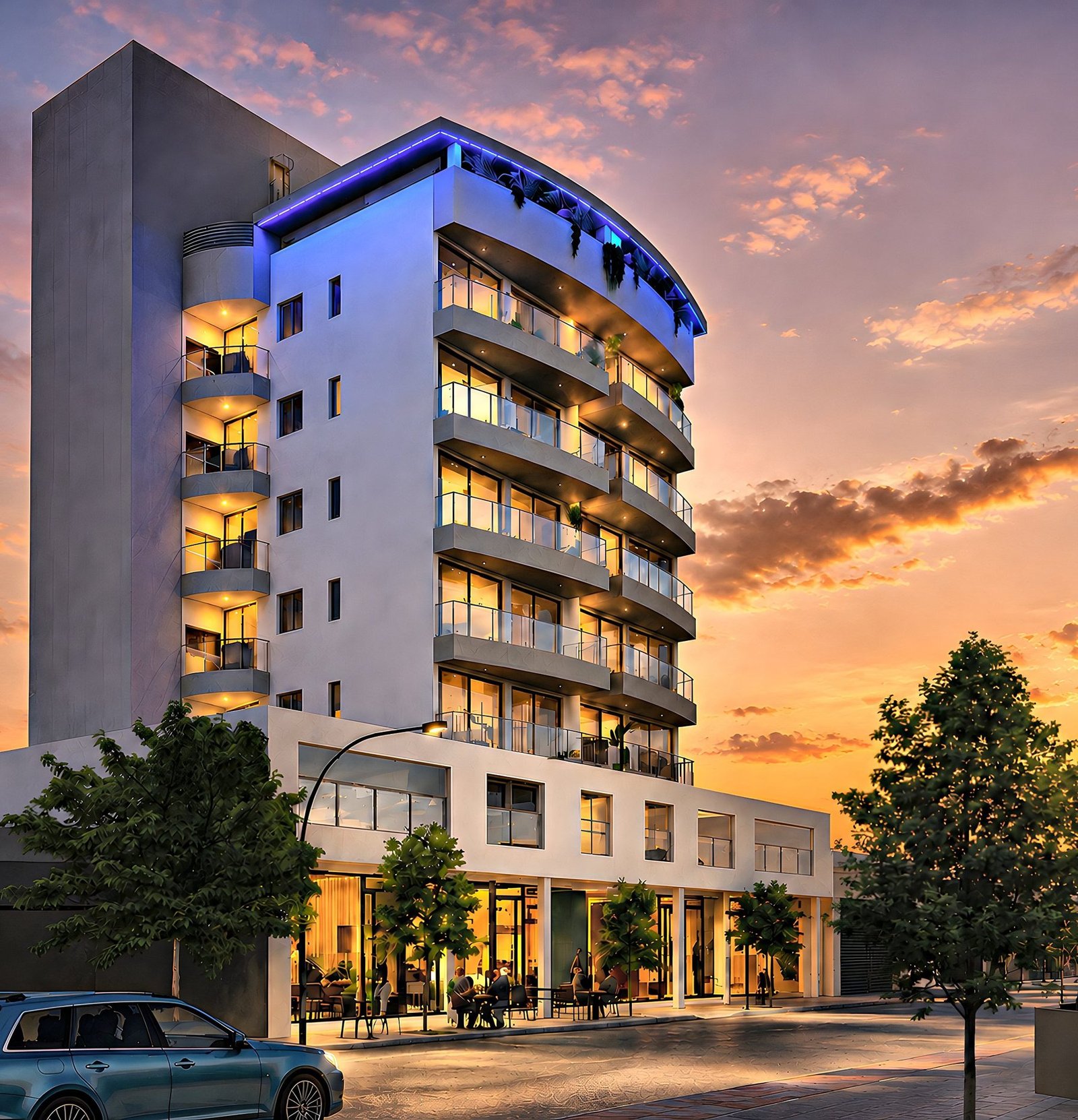 El edificio al atardecer